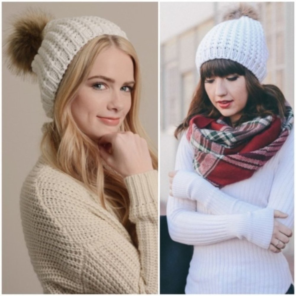 NEW Hat Pom Pom Knit Faux Fur Slouchy Beanie Cream Off White Winter Boutique NWT